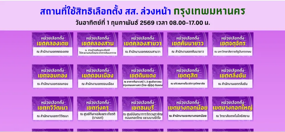 เช็กหน่วยเลือกตั้งล่วงหน้า กทม. 2569 ทั้ง 50 เขต ต้องไปที่ไหน อัปเดตที่นี่