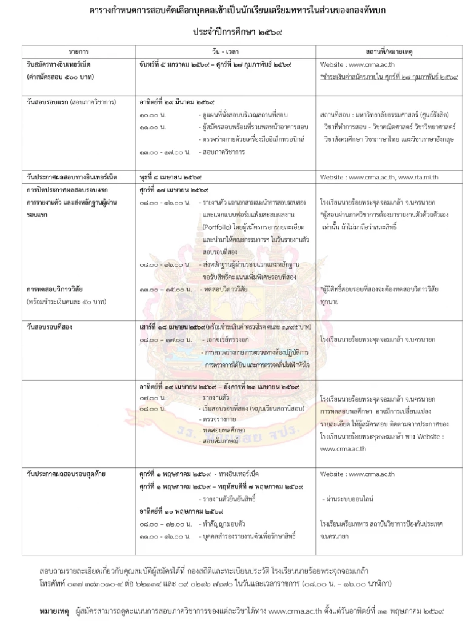 ตารางกำหนดการสอบคัดเลือกบุคคลเข้าเป็นนักเรียนเตรียมทหารในส่วนของกองทัพบก ประจำปีการศึกษา 2569