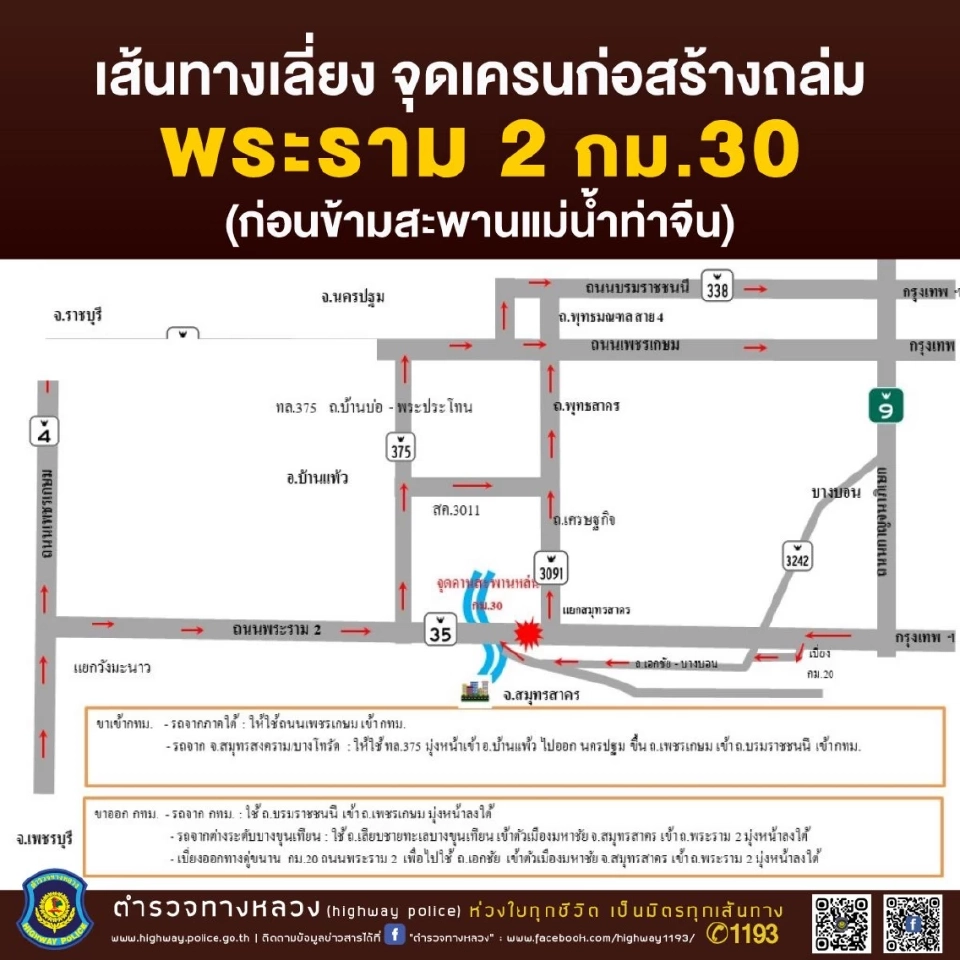 ตำรวจทางหลวง อัปเดตเส้นทางเลี่ยง เหตุเครนถล่มถนนพระราม 2 กิโลเมตรที่ 30 ผู้ใช้รถทั้งขาเข้า-ขาออก ตรวจสอบเส้นทางที่นี่