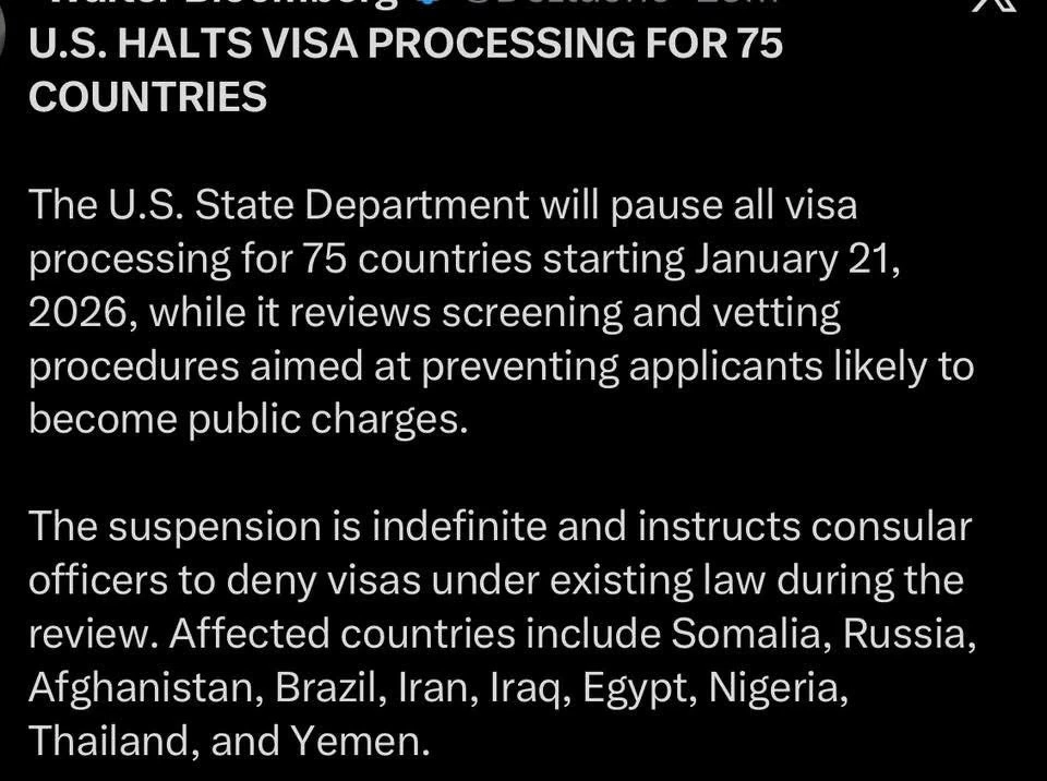 สหรัฐอเมริการะงับออกวีซ่า 75 ประเทศรวมไทยเข้าประเทศ เริ่ม 21 ม.ค.นี้