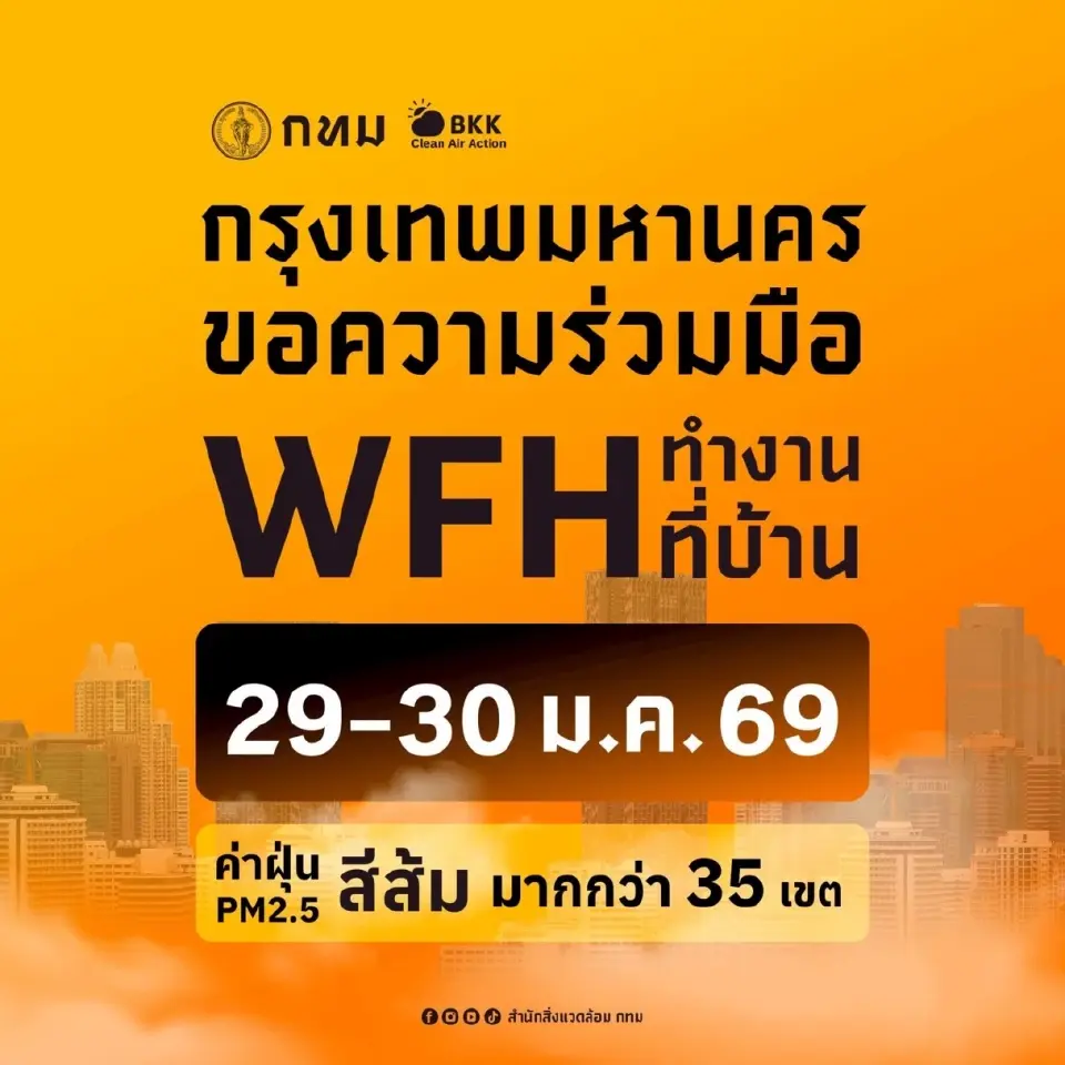 กทม. ประกาศด่วน! ขอความร่วมมือ WFH 29-30 ม.ค. หนีฝุ่นส้มคลุม 35 เขต
