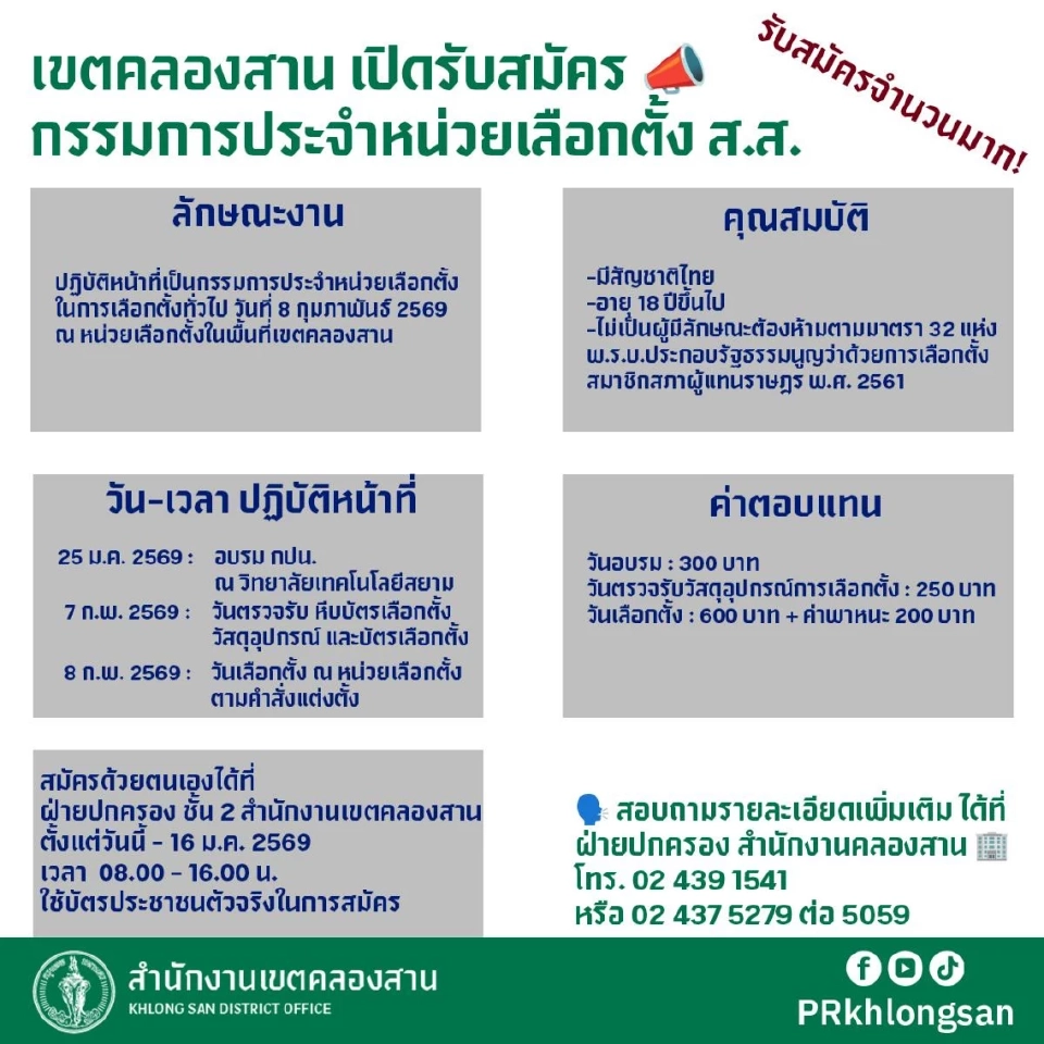 กรุงเทพมหานคร เปิดรับสมัครกรรมการประจำหน่วยเลือกตั้ง 2569 เช็กวัน-เวลา คุณสมบัติผู้สมัคร เงื่อนไขพร้อมค่าตอบแทน