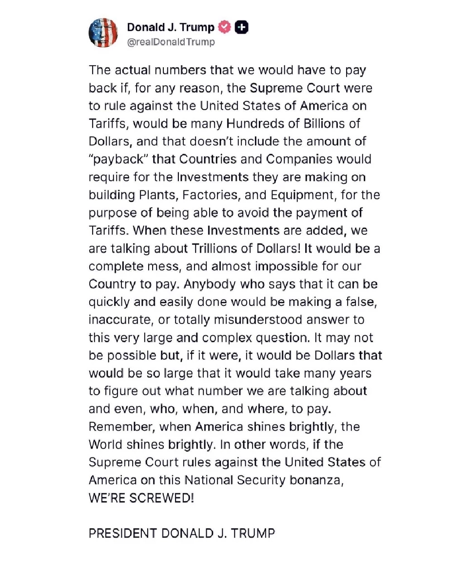 'ทรัมป์' ระบายผ่านโซเชียล 'เราพังแน่' หากศาลฎีกาสั่งเลิกภาษีนำเข้า