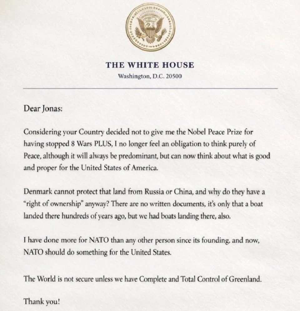 'ทรัมป์' ส่งสารถึงนายกฯนอร์เวย์ ฉุนชวดโนเบลสันติภาพ เดินหน้ายึดกรีนแลนด์