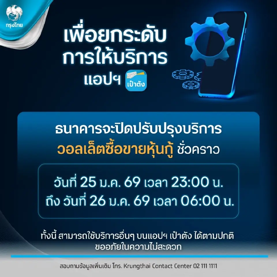 ธนาคารกรุงไทย ปิดปรับปรุงบริการวอลเล็ตซื้อขายหุ้นกู้ชั่วคราวบนแอปพลิเคชันเป๋าตัง