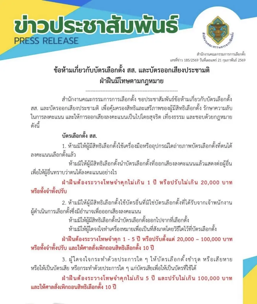 กกต.ขู่ซูมถ่ายบัตรเลือกตั้งใหม่ 22 ก.พ.  คุก ปรับ ตัดสิทธิ์ 10 ปี