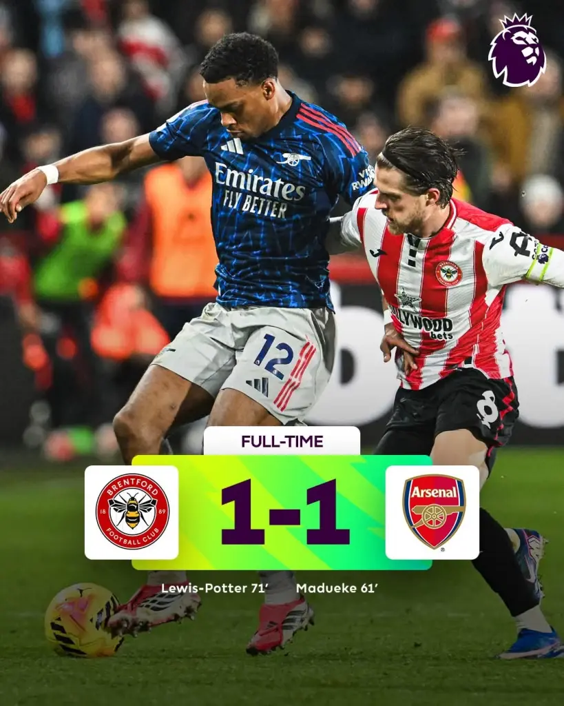 เบรนท์​ฟอร์ด​ เสมอ อาร์เซน่อล​ เช็กผลบอลทุกคู่ สรุปตารางคะแนนพรีเมียร์ลีก อังกฤษ ล่าสุด