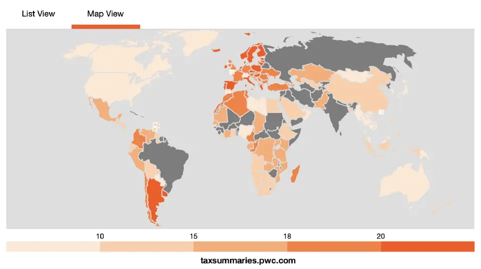 แผนที่อัตราการเก็บ VAT ทั่วโลก โดยเว็บไซต์ Pwc
