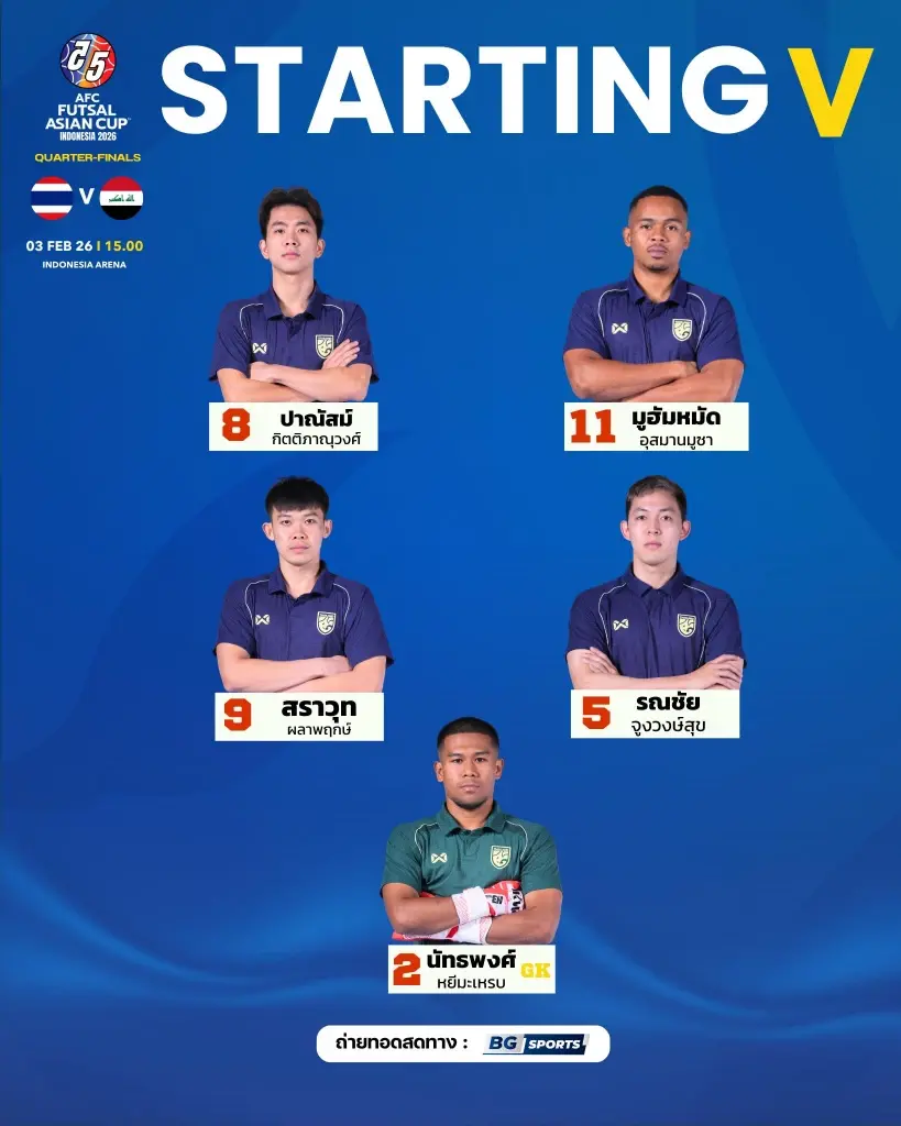 เปิดไลน์อัพ 5 คนแรก ฟุตซอลชายทีมชาติไทย พบ อิรัก 