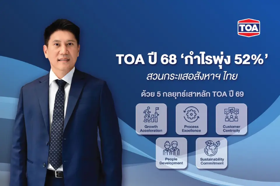 TOA ปี 68 กำไรพุ่ง 52% รายได้ 2.1 หมื่นล้าน จ่ายปันผลรวม 0.75 บาทต่อหุ้น