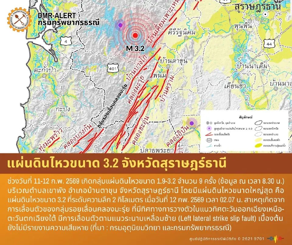 แผ่นดินไหวในพื้นที่จังหวัดสุราษฎร์ธานีในครั้งนี้ มีสาเหตุเกิดจากกลุ่มรอยเลื่อนคลองมะรุ่ย 
