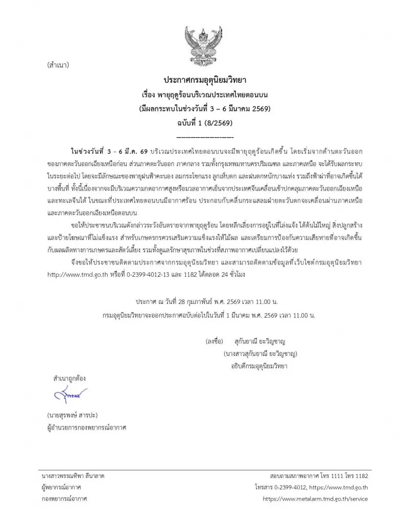 กรมอุตุฯ  ประกาศฉบับที่ 1 เตือนพายุฤดูร้อน มีผลกระทบ วันที่ 3-6 มี.ค. 69