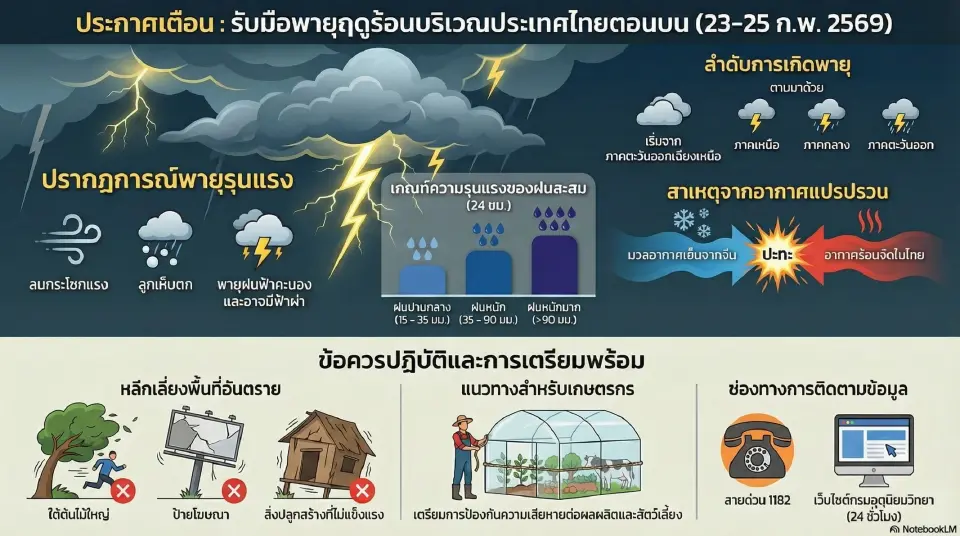 กรมอุตุนิยมวิทยา ออกประกาศฉบับ 2 เตือนไทยตอนบน รับมือพายุฤดูร้อนถล่มวันที่ 23-25 กุมภาพันธ์ 2569