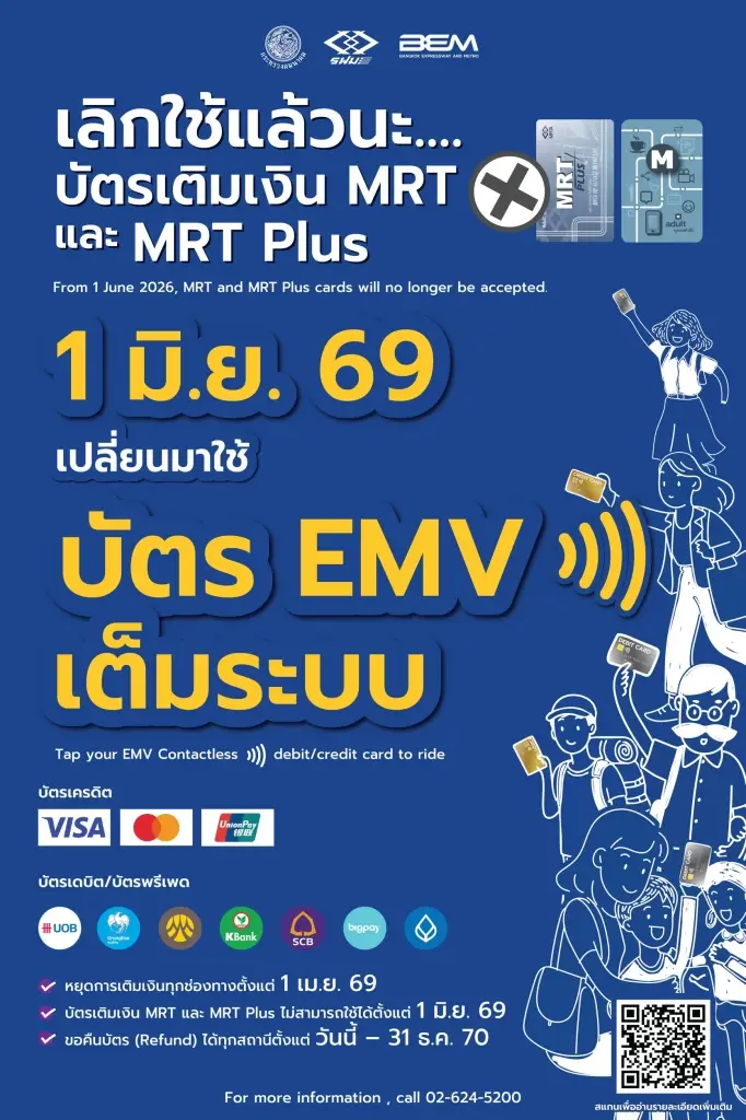 รฟม.-BEM ประกาศยกเลิกใช้บัตรโดยสาร MRT  ดันบัตรเดบิต-เครดิต รับตั๋วร่วม