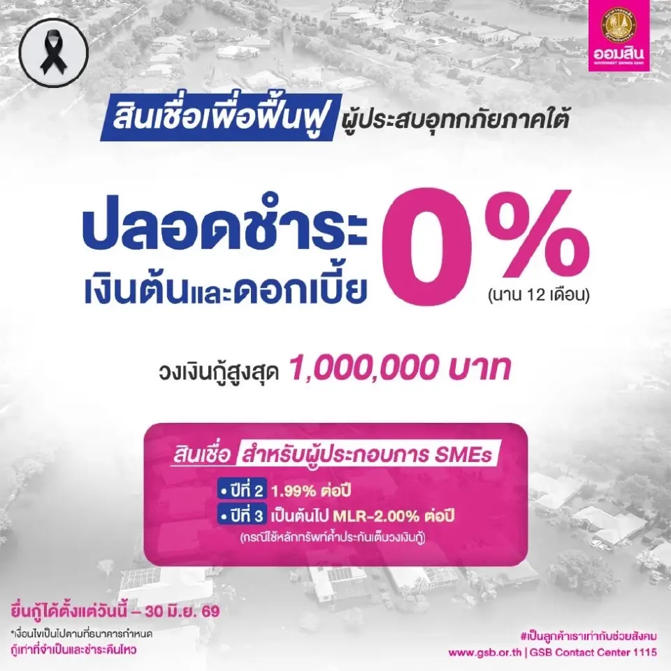 'ออมสิน' ปล่อยสินเชื่อฟื้นฟูน้ำท่วมภาคใต้ ปลอดเงินต้นดอกเบี้ย 0% 
