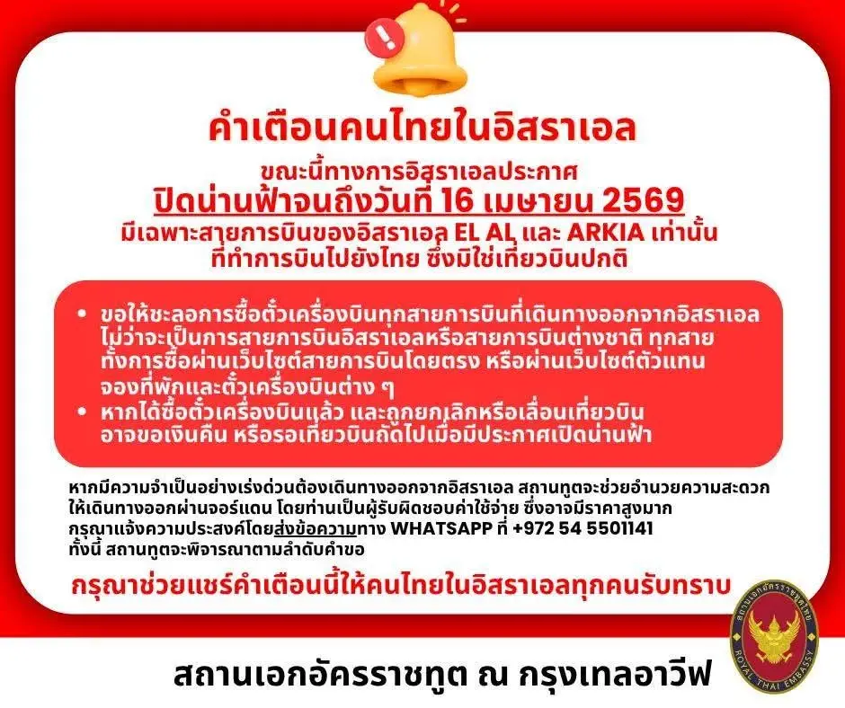 อิสราเอล ประกาศ 'ปิดน่านฟ้า' จนถึงวันที่ 16 เม.ย.นี้