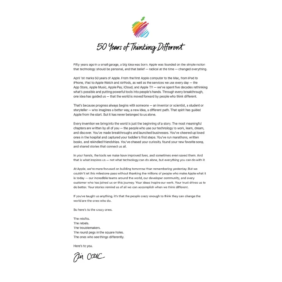 ิ50 ปี Apple 'Tim Cook' ร่อน จ.ม. ย้ำจิตวิญญาณ 'Think Different'