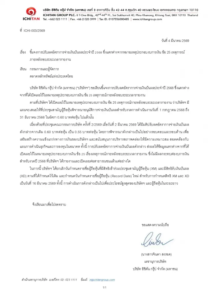 ICHI แจงปมลดอัตราจ่ายเงินปันผลปี 68 ยันเป็นไปตามมติบอร์ดล่าสุด