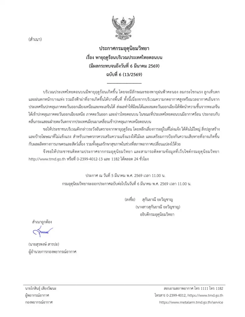 ประกาศกรมอุตุฯเตือนวันนี้ 12 จว.ฝนฟ้าคะนอง ลมกระโชกแรง พายุฤดูร้อนถล่ม