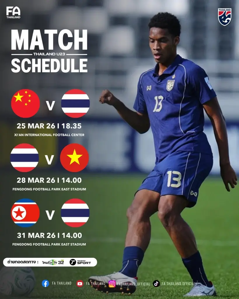 โปรแกรมการแข่งขันฟุตบอลทีมชาติไทย รุ่นอายุไม่เกิน 23 ปี เตรียมทำศึก 4 เส้าที่เมืองซีอาน ในรายการ CFA Team China International Youth Tournament Xi'an