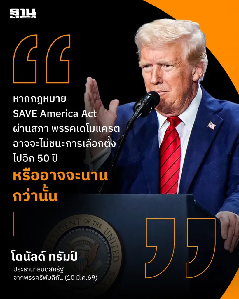'ทรัมป์' ขู่คว่ำทุกกฎหมาย บีบสภาฯผ่านกฎหมายเลือกตั้ง SAVE America Act