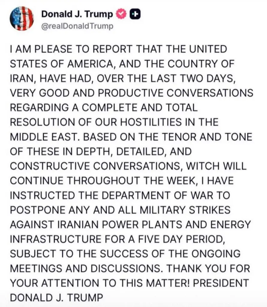 ‘ทรัมป์’ ประกาศเลื่อนโจมตีโรงไฟฟ้าอิหร่าน 5 วัน