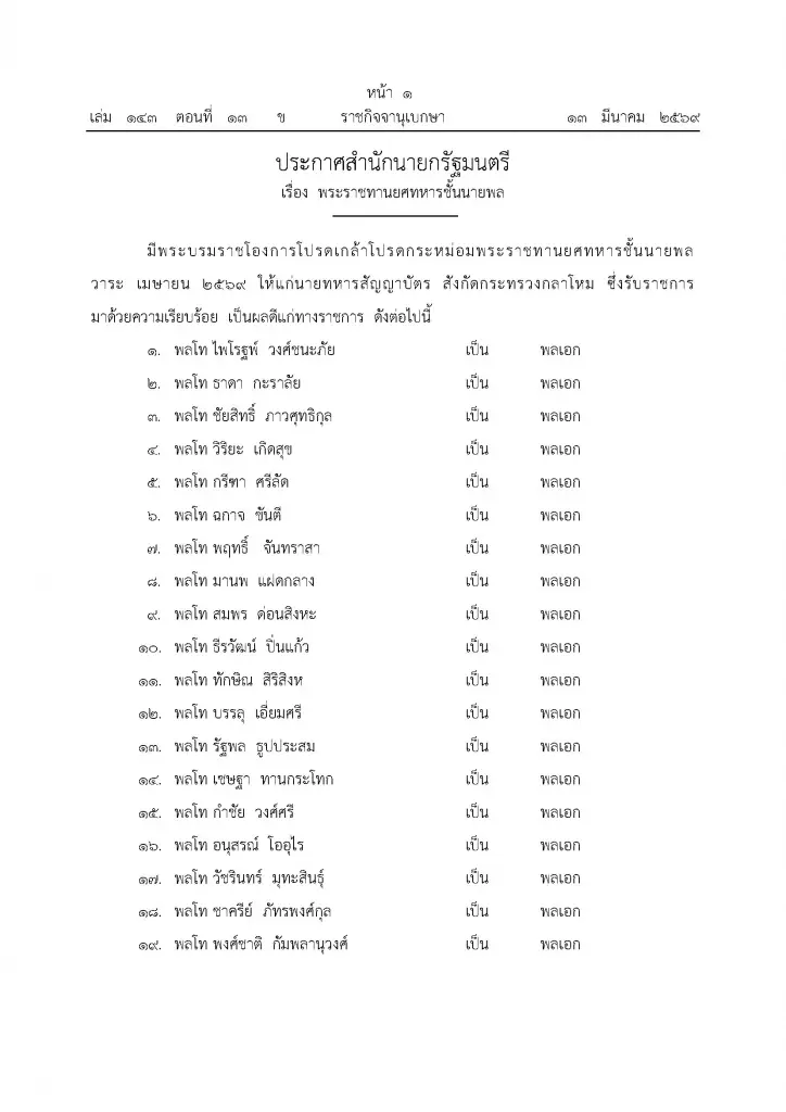 โปรดเกล้าฯ พระราชทานยศทหารชั้นนายพล 256 นาย มีผล 1 เม.ย. 2569