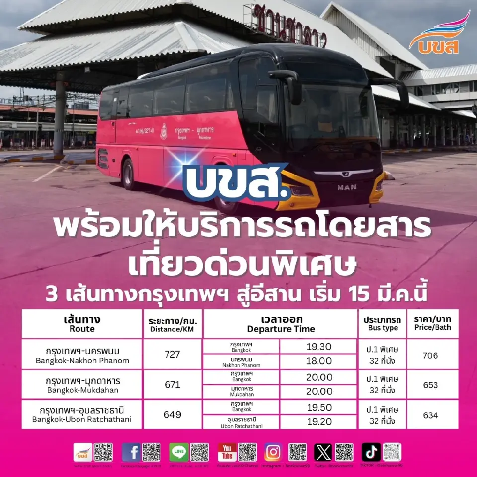 บขส.เปิด 3 เส้นทางรถทัวร์ด่วนพิเศษ สายอีสาน เริ่ม 15 มีนาคมนี้