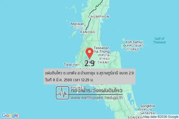 ระทึก! แผ่นดินไหว 2.9 สุราษฎร์ธานี เขย่าตึก 4 ชั้นใกล้เขื่อนรัชชประภา