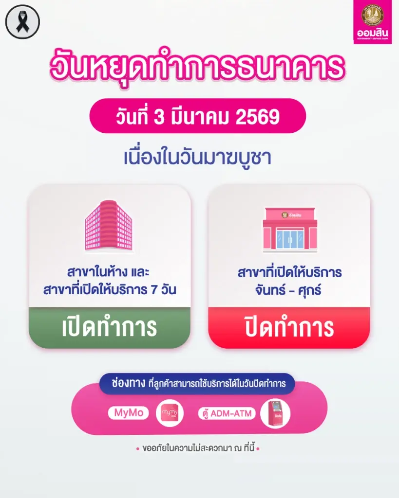 ธนาคารออมสิน แจ้งวันหยุดทำการธนาคารออมสิน เนื่องในวันมาฆบูชา
