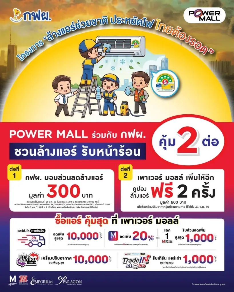 ‘ล้างแอร์ช่วยชาติ’ เงื่อนไขรับส่วนลด คูปอง พร้อมวิธีรับสิทธิ์ที่ Power Mall
