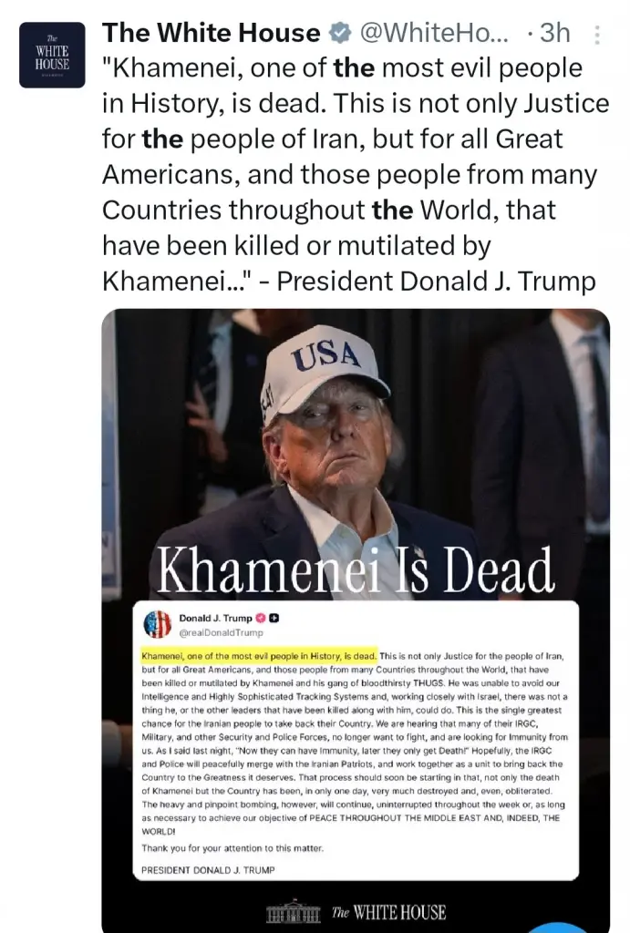 'ทรัมป์' โพสต์ ผู้นำสูงสุดอิหร่านเสียชีวิตแล้ว