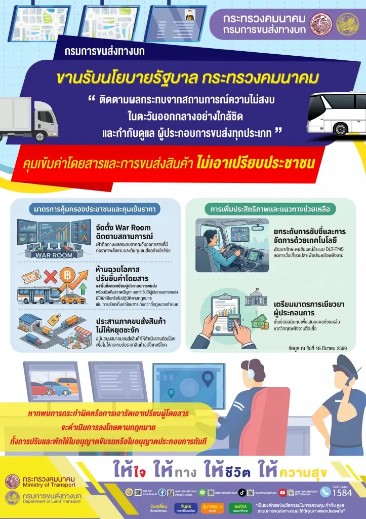 ‘กรมขนส่งทางบก’ตั้ง War Room ตรวจเอกชนฉวยโอกาสขึ้นค่าโดยสาร  เก็บค่าธรรมเนียมเพิ่ม