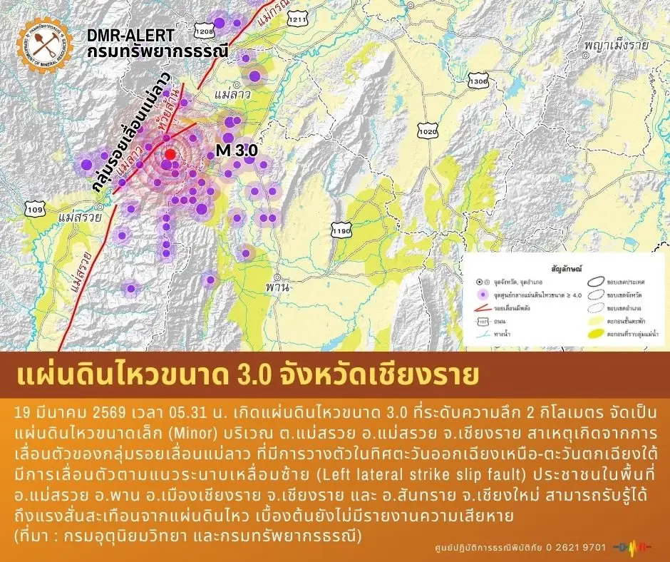 เปิดสาเหตุ "แผ่นดินไหวเชียงราย"ขนาด 3.0 หลายพื้นที่รับรู้แรงสั่นไหว