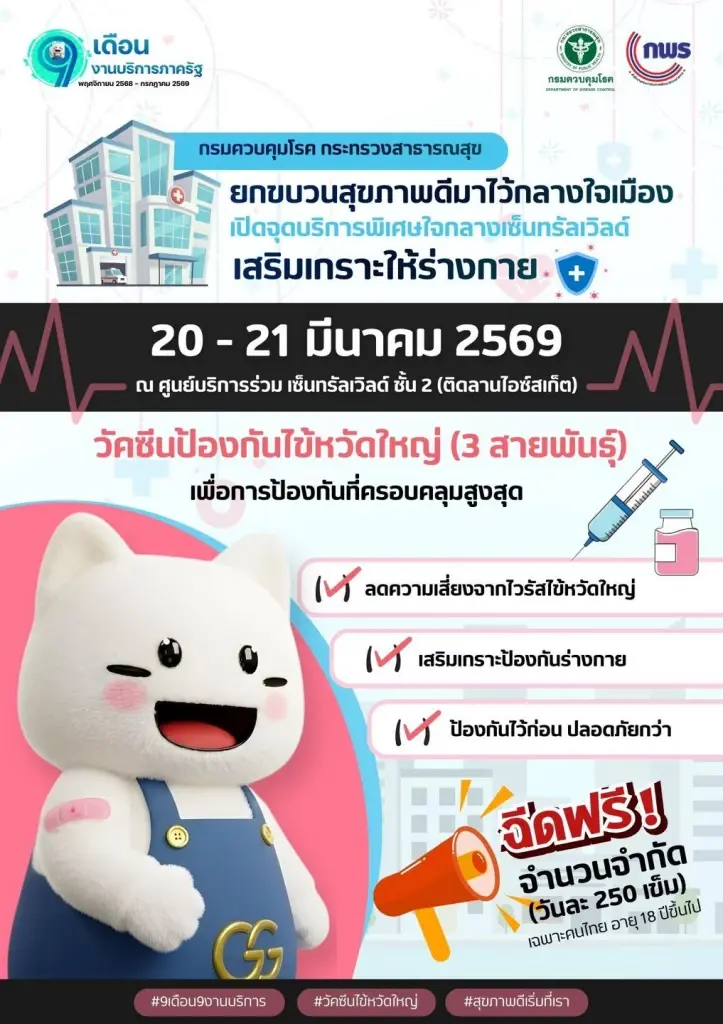 กรมควบคุมโรค ชวนฉีดวัคซีนไข้หวัดใหญ่ 3 สายพันธุ์ ฟรี 20-21 มี.ค.นี้