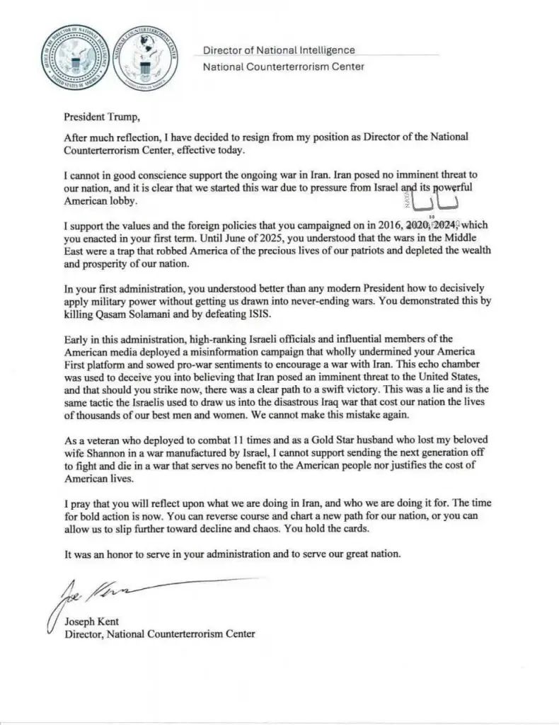 เปิดหนังสือลาออก 'ผอ.ต้านก่อการร้ายสหรัฐฯ' เตือน 'ทรัมป์' ระวังติดกับดักอิสราเอล