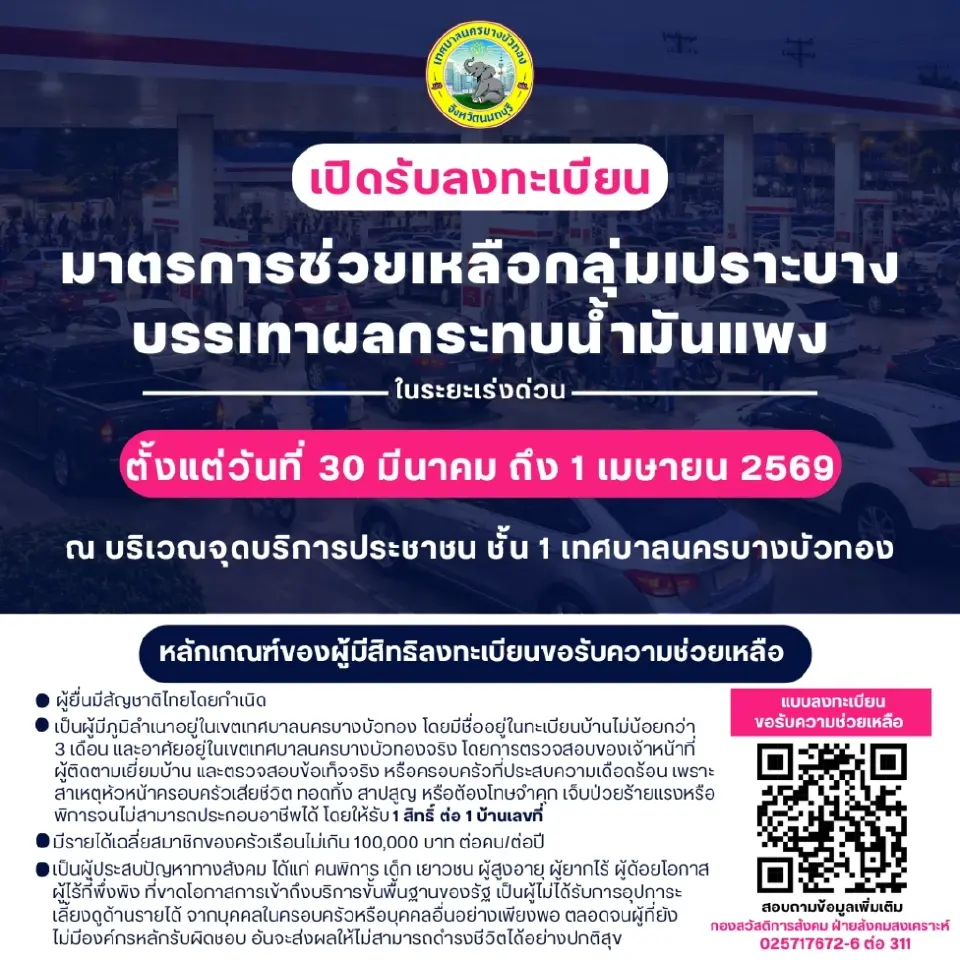 เทศบาลนครบางบัวทอง "เปิดลงทะเบียนช่วยเหลือกลุ่มเปราะบาง"เพื่อบรรเทาผลกระทบจากน้ำมันแพง