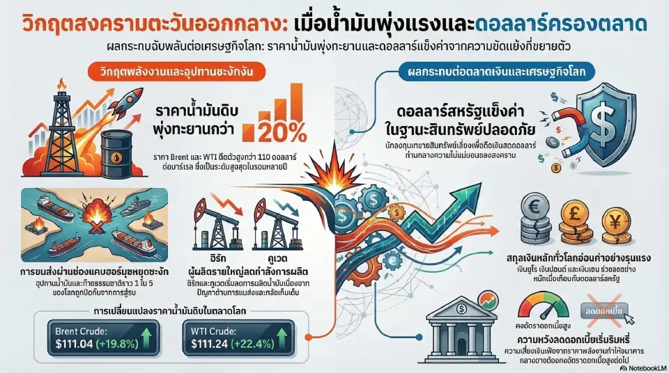 'ราคาน้ำมันโลก' พุ่ง 20% 'ค่าเงินดอลลาร์' แข็งค่ารับสงครามอิหร่านยืดเยื้อ