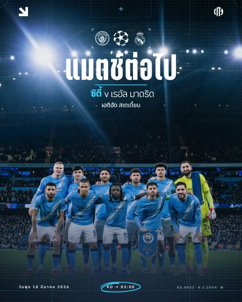 ถ่ายทอดสด บิ๊กแมตซ์ UCL คืนวันอังคารนี้ แมนฯซิตี้ พบ เรอัล มาดริด วิเคราะห์บอล รายชื่อผู้เล่น 11 ตัวจริง แนะลิงค์ดูบอลสด 