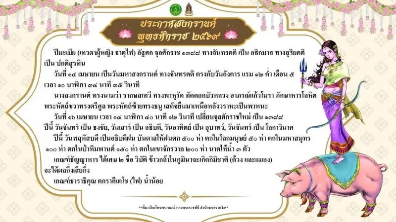 นางสงกรานต์ ประจำปี 2569 ทรงนามว่า "รากษสเทวี" เปิดคำทำนายตรงกับวันพฤหัสบดี เป็นอธิบดีฝน เกณฑ์ธัญญาหารวิบัติ น้ำน้อ