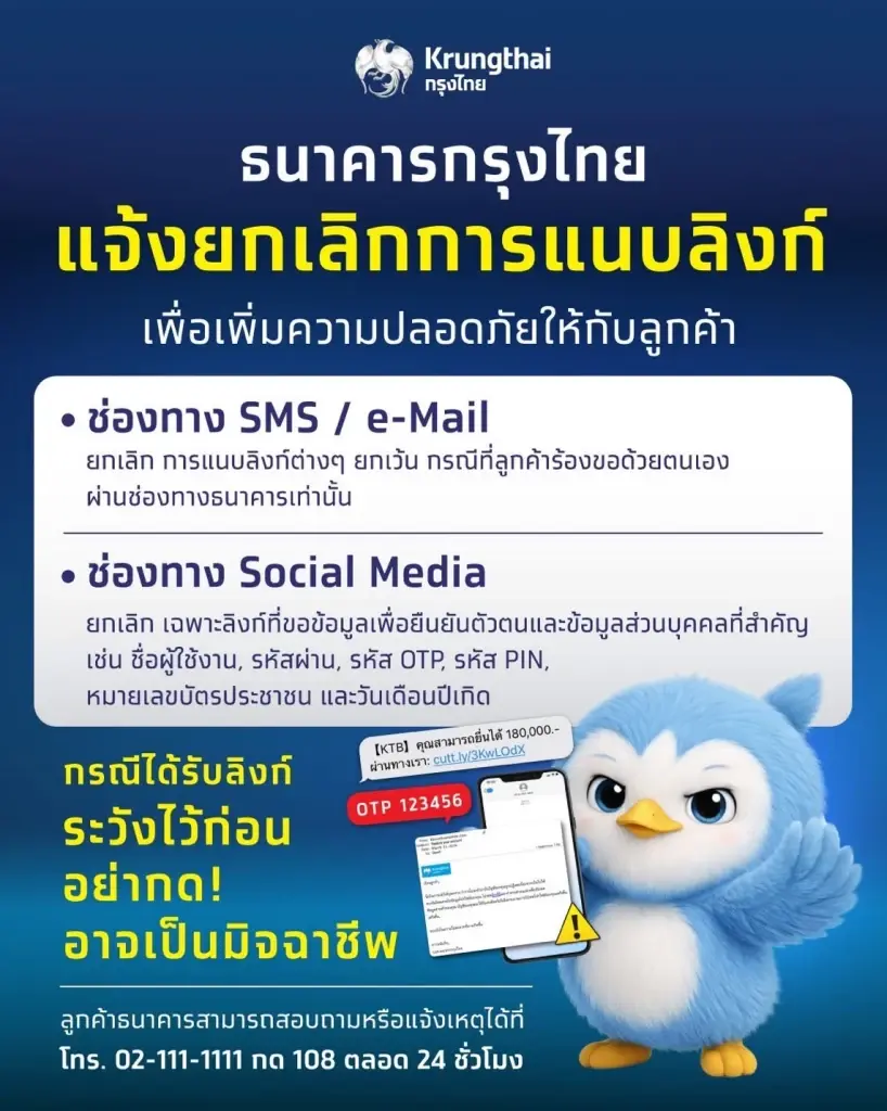 ธนาคารกรุงไทย แจ้งยกเลิกการแนบลิงก์ทาง SMS / e-Mail ป้องกันแฮกเกอร์