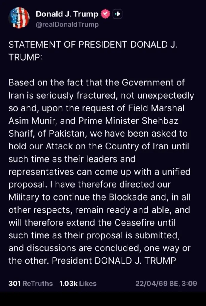 ‘ทรัมป์’ ชะลอการโจมตี 'อิหร่าน' ขยายเวลาหยุดยิง