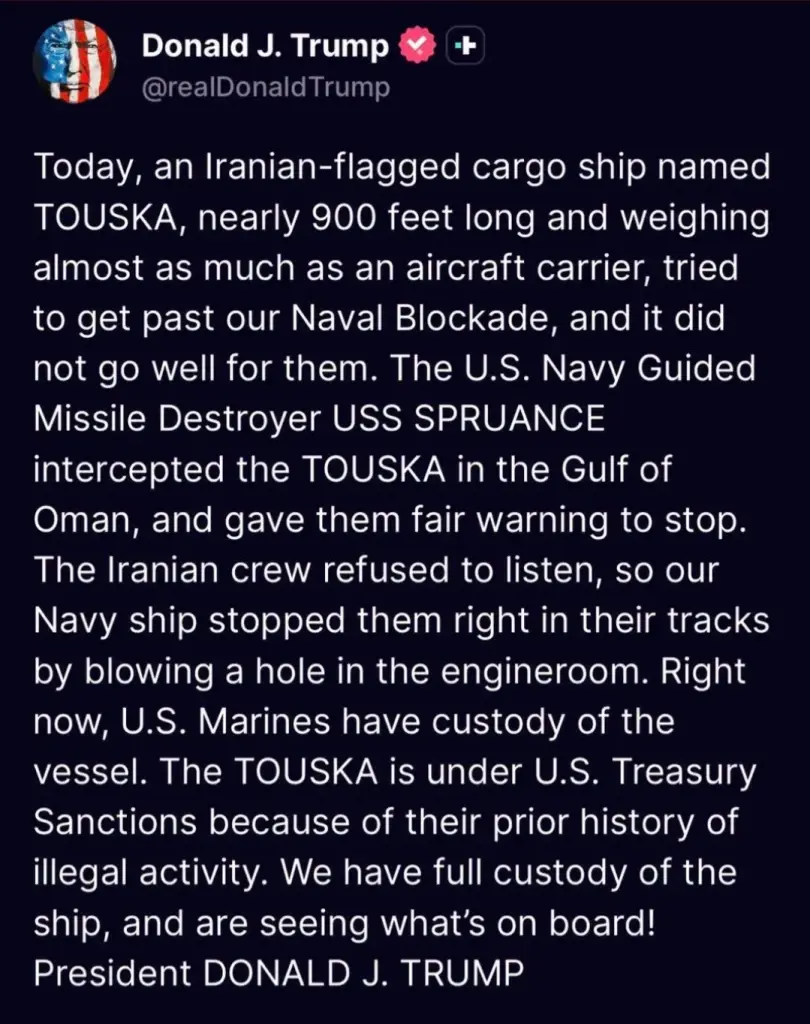 สหรัฐ ยิงเรือสินค้าติดธง 'อิหร่าน' ฝ่าวงล้อมปิดกั้นทางทะเล