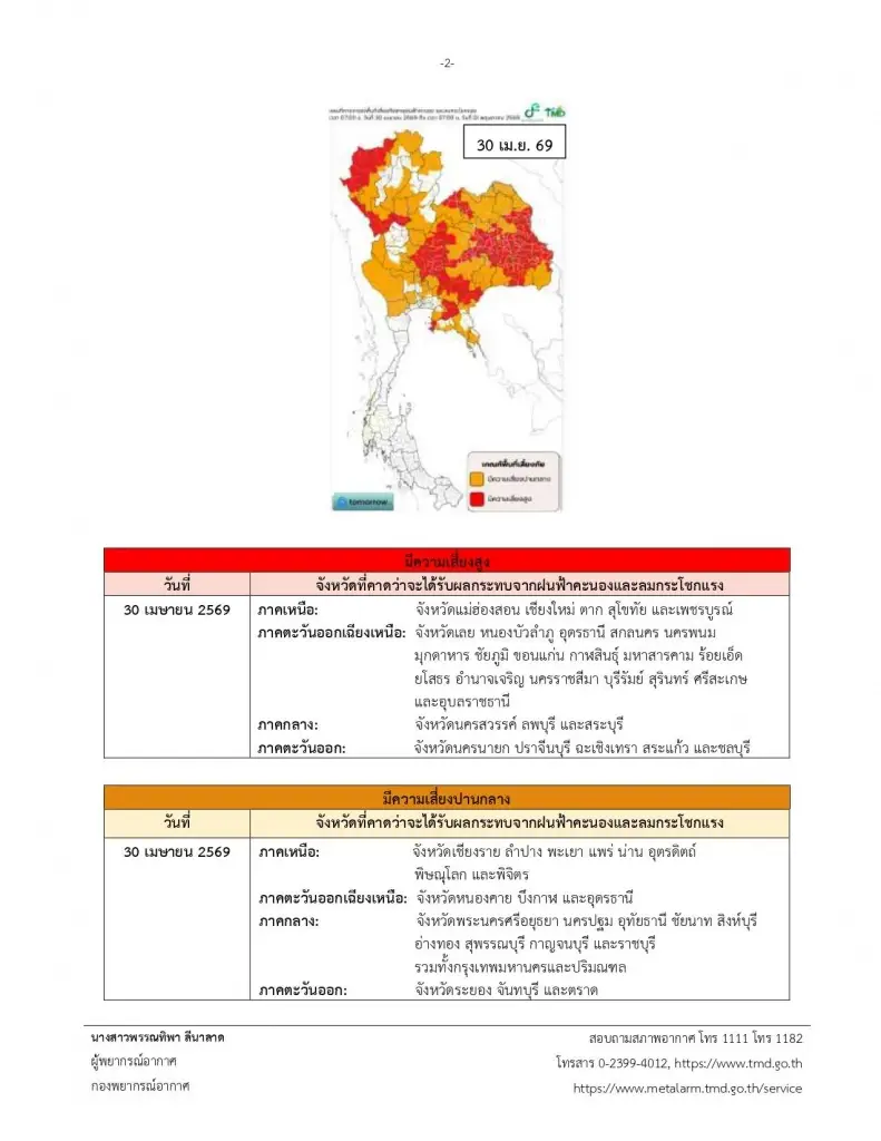 พิกัดพื้นที่เสี่ยงได้รับผลกระทบจากพายุฤดูร้อน ฝนฟ้าคะนอง ลมกระโชกแรง
