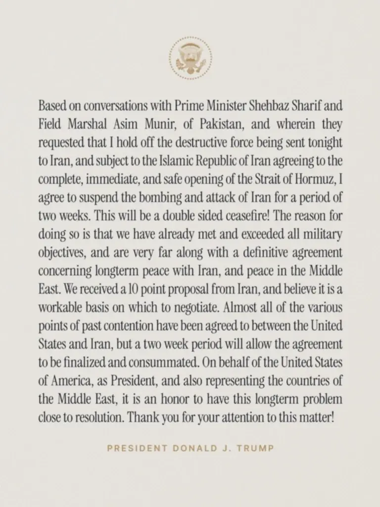 ทรัมป์ โพสต์ล่าสุด หยุดยิงกับอิหร่าน 2 สัปดาห์ 