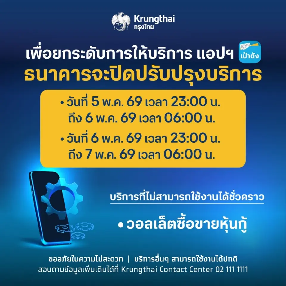 กรุงไทย -แอปเป๋าตัง เตรียมปิดปรับปรุงระบบเม.ย.และพ.ค.เช็กวัน-เวลาที่นี่