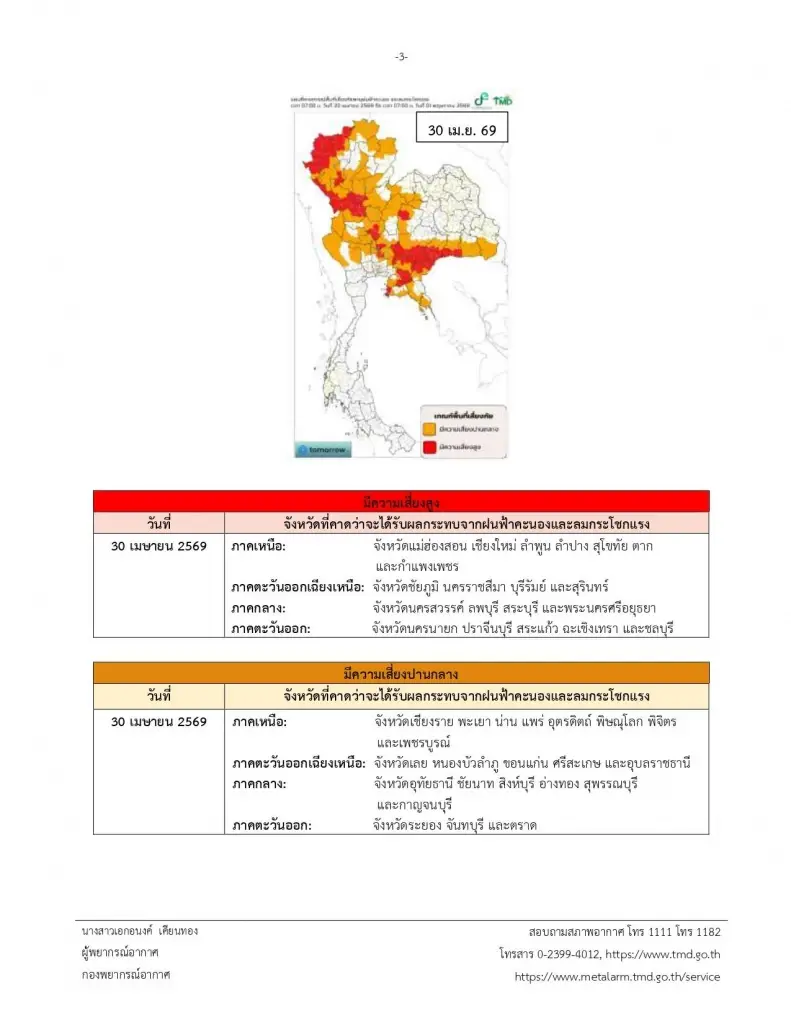 พื้นที่เสี่ยงได้รับผลกระทบจากพายุฤดูร้อน ฝนฟ้าคะนอง ลมกระโชกแรง