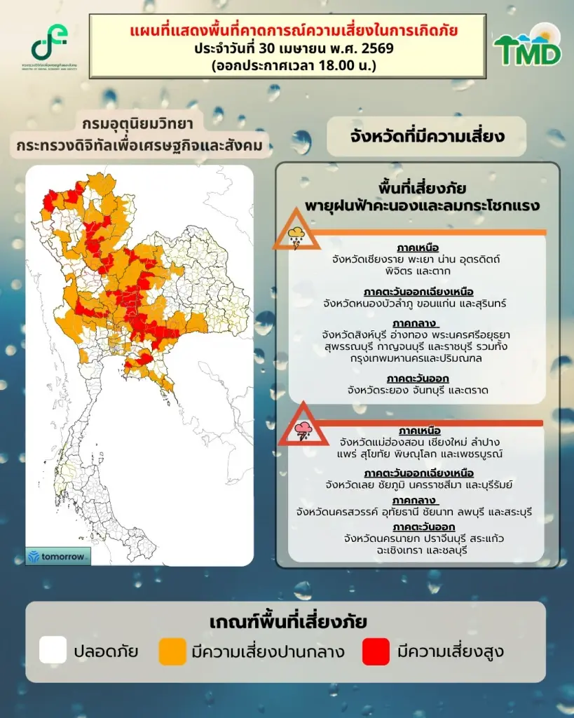 กรมอุตุนิยมวิทยา พยากรณ์อากาศสำหรับประเทศไทย 18:00 น. วันนี้ ถึง 18:00 น. วันพรุ่งนี้