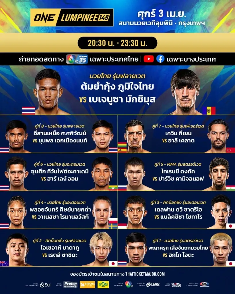 มวยวันลุมพินีวันนี้ 'ต้มยำกุ้ง vs เบเจนูซา' ถ่ายทอดสด-ดูมวยสด ONE Lumpinee 149