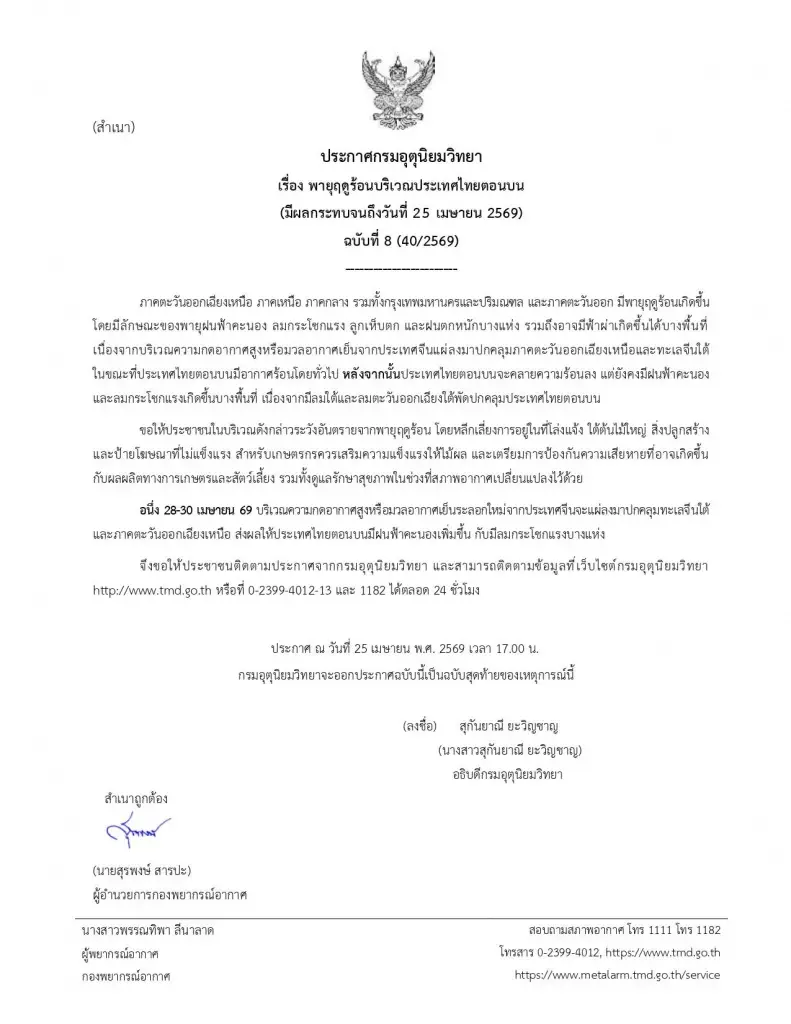 กรมอุตุฯ ออกประกาศฉบับที่ 8 พายุร้อนสิ้นสุด แต่ไทยเจอฝนระลอกใหม่